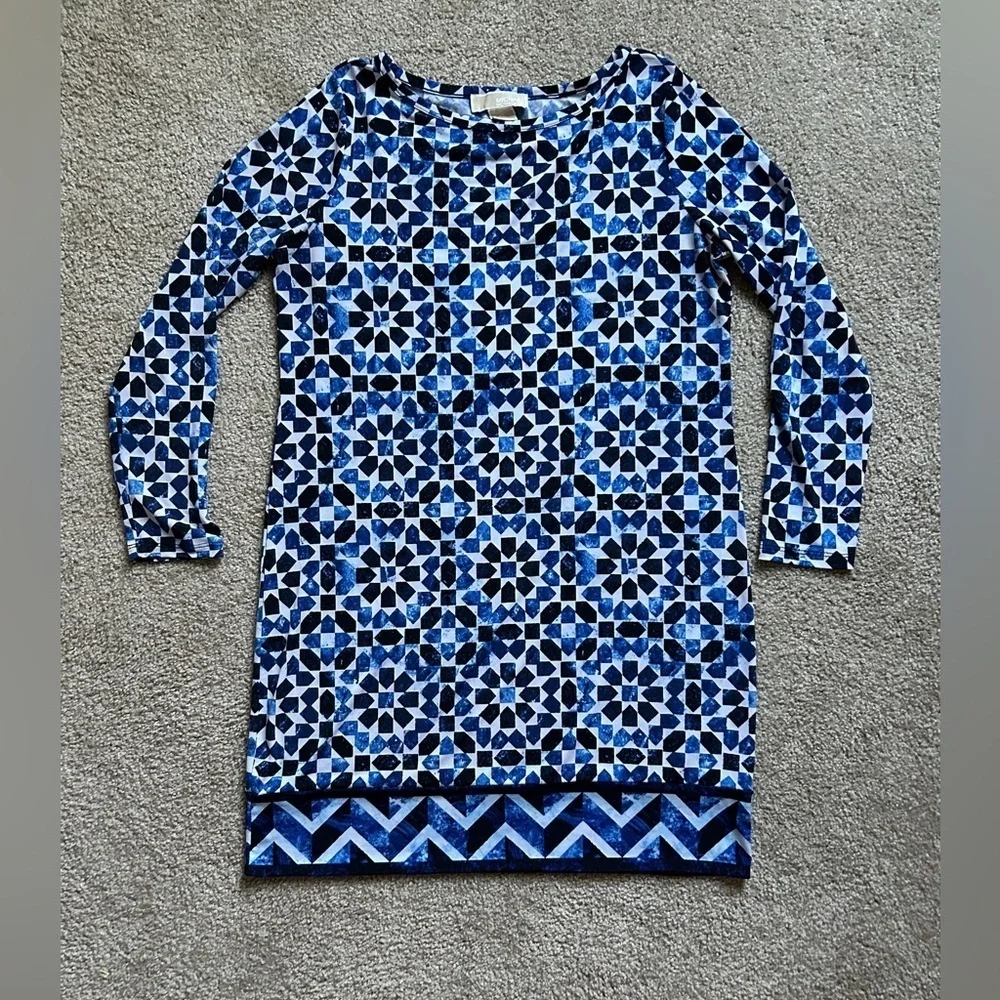 Michael Kors Petite Geometric Long Sleeve Sheath blue white black LP